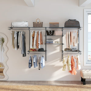 Sistema di organizzazione e stoccaggio armadi con asta pendente, Scaffali e aste per armadio a parete per camera da letto Grigio-Appendiabiti