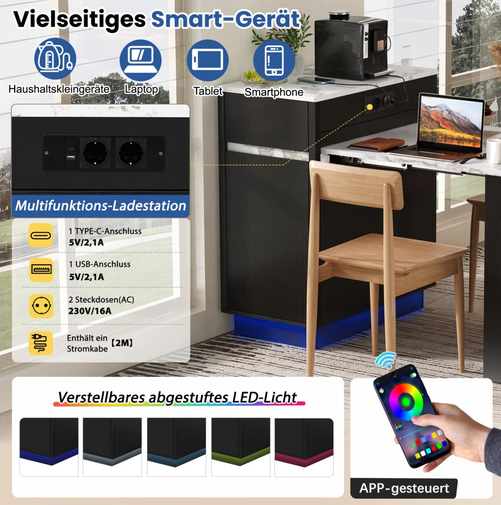 Tavolo da pranzo estensibile con LED e contenitore nero
