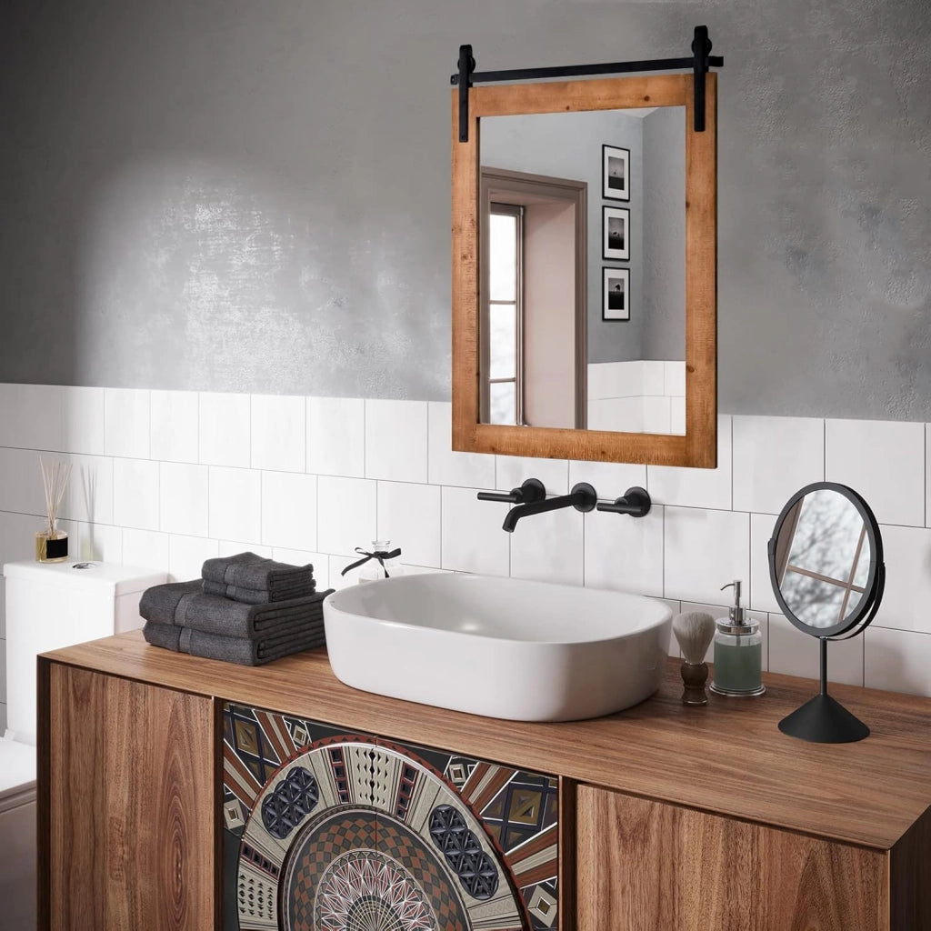 Specchio da Parete 76,5 x 56 cm, Specchio Rettangolare con Cornice in Legno e Staffa in Metallo, Specchio da Bagno Corridoio Soggiorno, Bianco (Marrone)