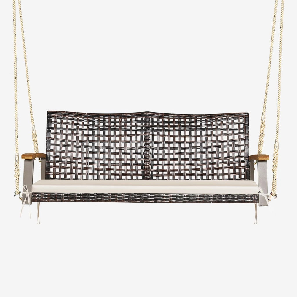 Panca Sospesa in Rattan per 2 Persone - Altalena da Giardino Con Ringhiera in Legno di Acacia - Fino a 360 kg (Cuscino Bianco Incluso)