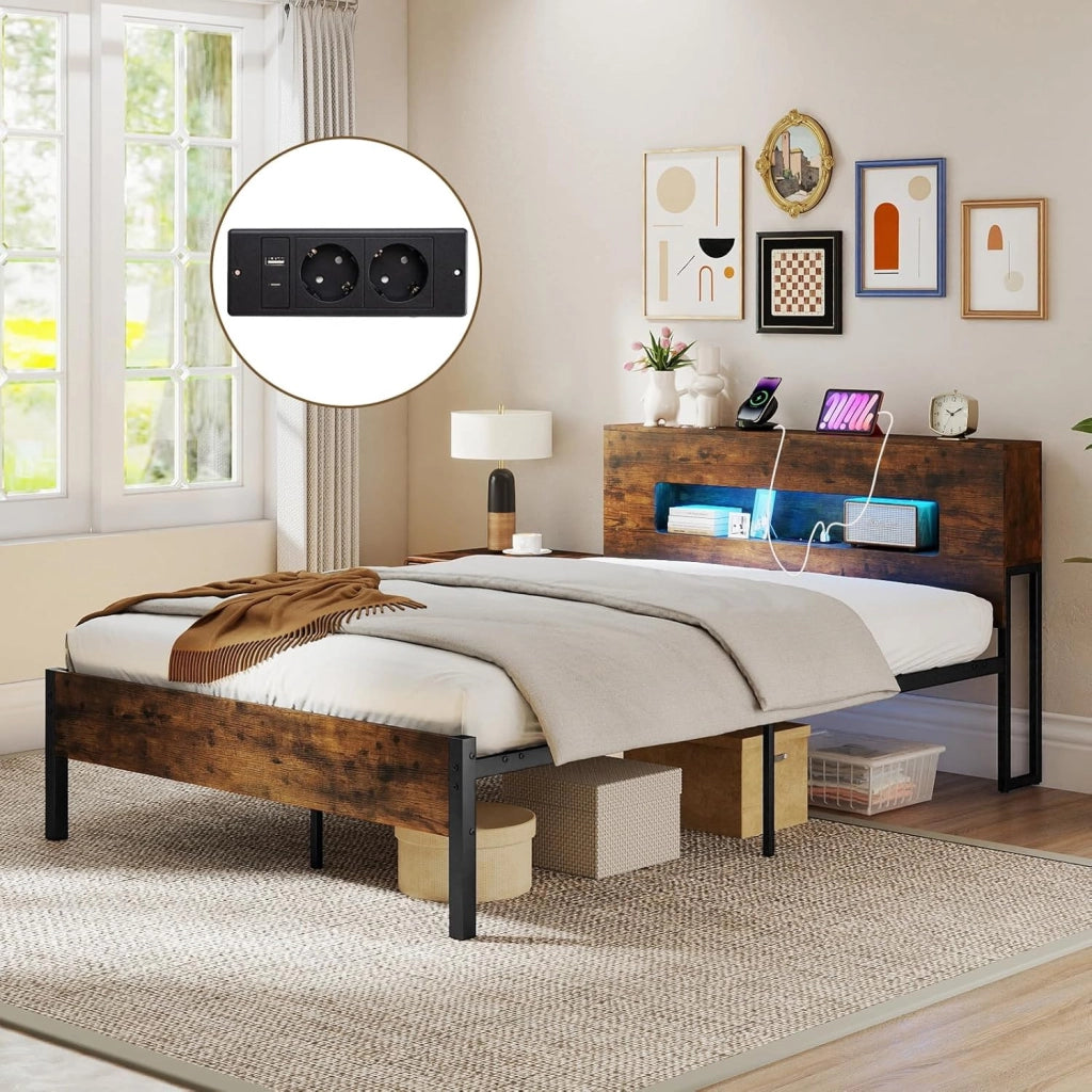 Telaio letto con vano portaoggetti, 200 x 140 cm, letto matrimoniale con prese elettriche, illuminazione a LED e doghe in metallo, senza materasso, marrone