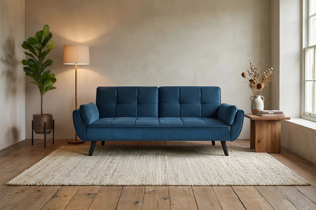 Divano letto clic clac in velluto blu piede nero, divano 3 posti - Ambra - DL-AM07VLT-PLN