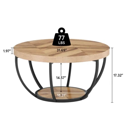 Tavolino da salotto rotondo con 2 ripiani e struttura in metallo; design minimalista; in legno e metallo