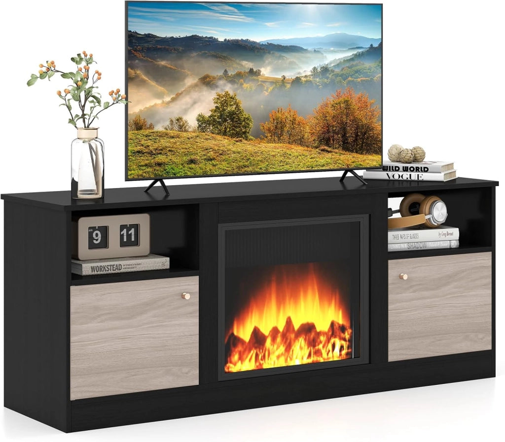 KOMFOTTEU Mobile TV Soggiorno con Luci LED, Mobiletto TV Multifunzione per TV fino a 65”, con Mensola Regolabile e Scomparto Aperto per Camino Elettrico, Mobile Porta TV per Camera da Letto, Nero