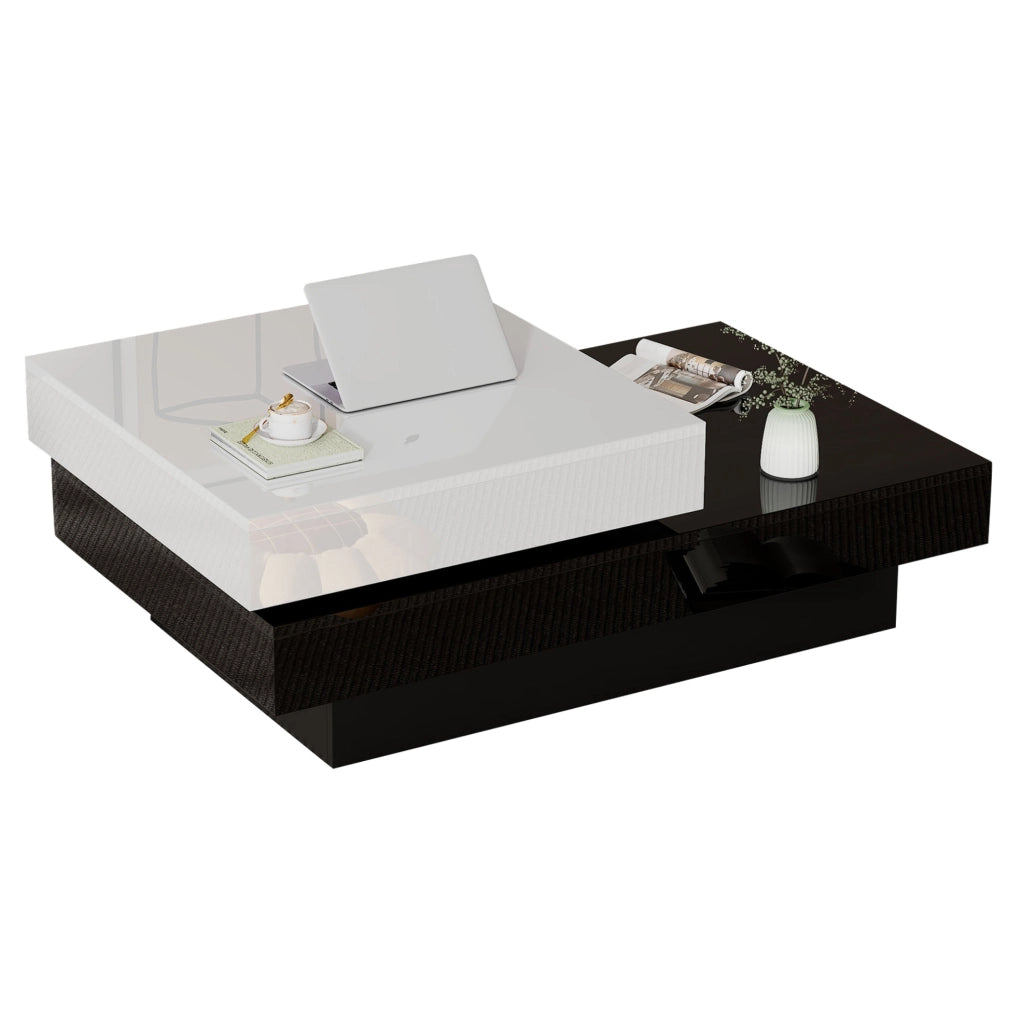 Tavolino da salotto 103x60x35.5 cm girevole a due livelli in truciolare bianco e nero