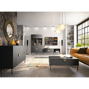 Set mobili soggiorno: Mobile TV, tavolino, credenza, vetrina, nero con maniglie dorate, collezione MONDO