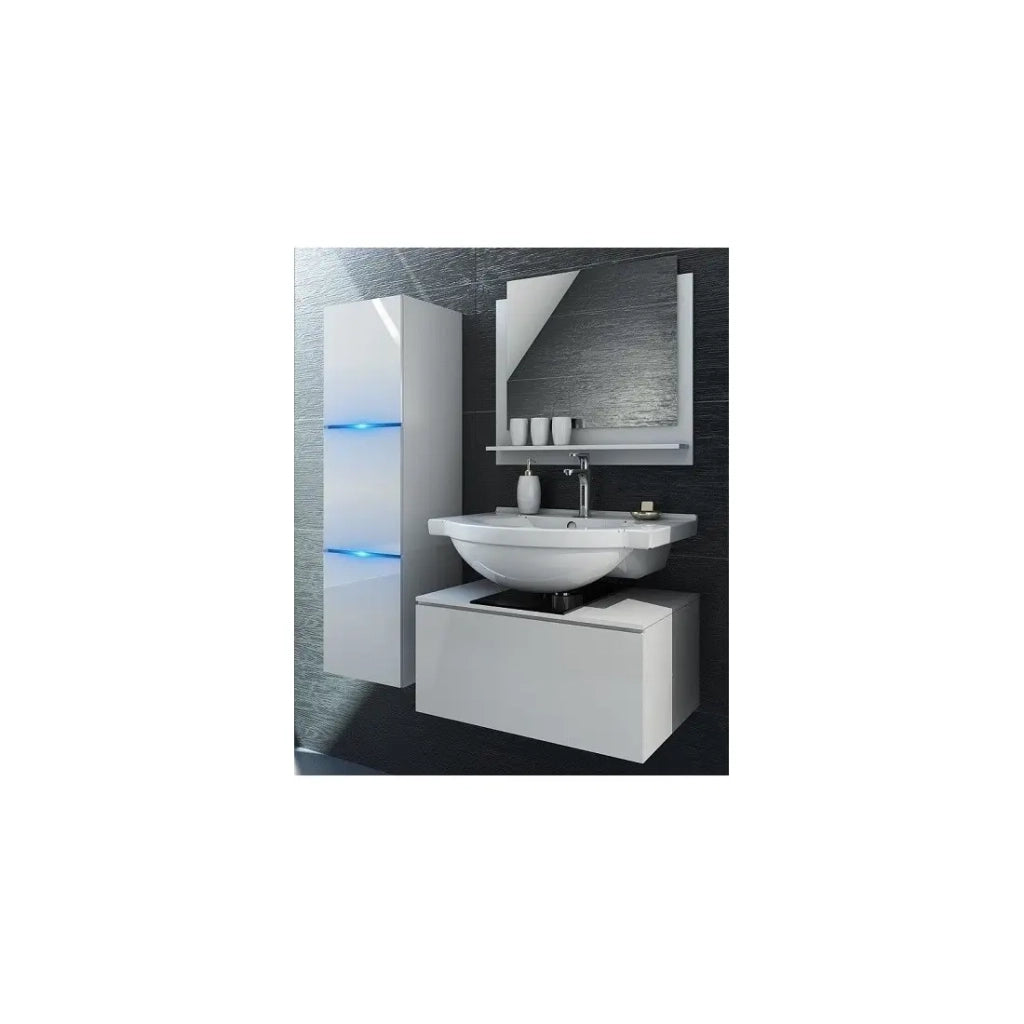 Set di mobili da bagno bianchi collezione OWL. Colonna, mobile sotto lavabo, specchio, sifone e led.
