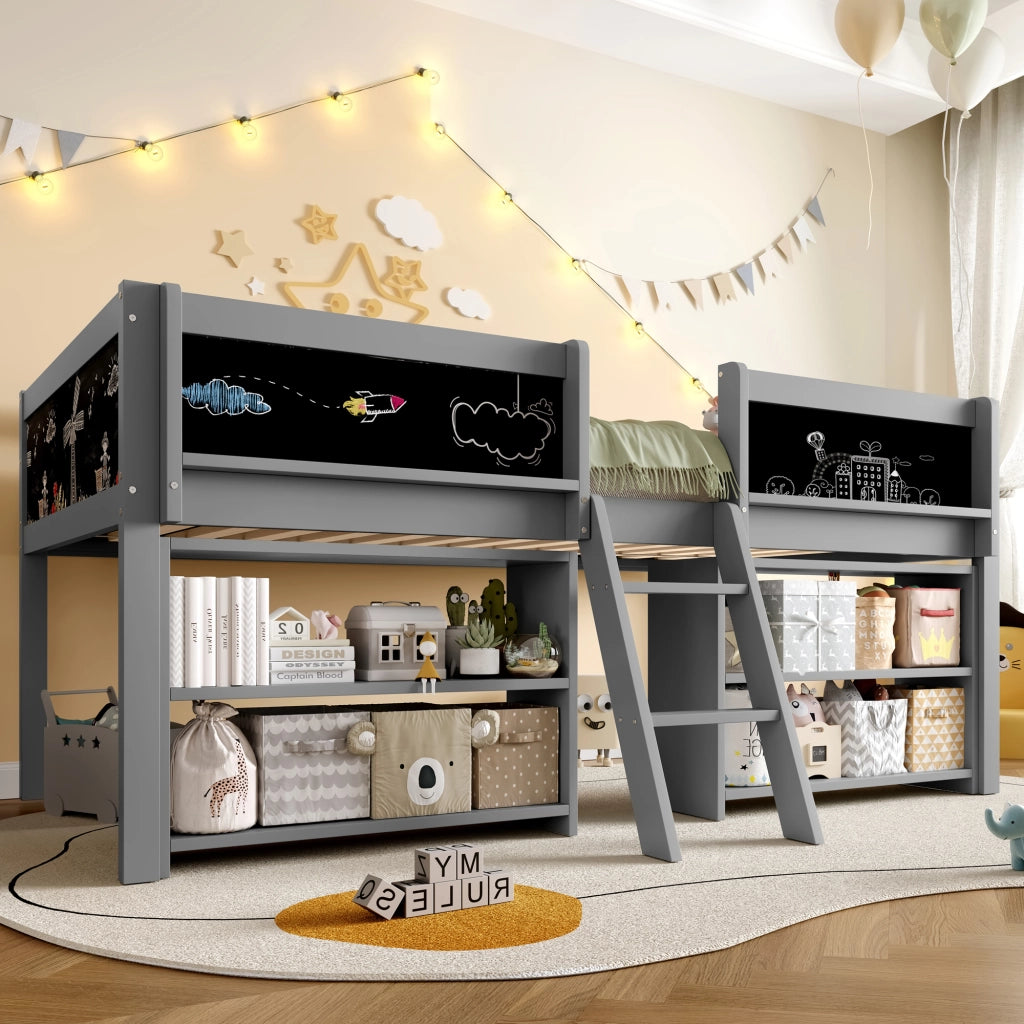 OKWISH Letto a soppalco 90×200 cm, Letto Singolo con Mensole Portaoggetti, Lavagna e Sponda di Sicurezza, senza Materasso, in Pino, Grigio