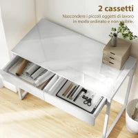 Scrivania Moderna con 2 Cassetti e Gambe in Acciaio, 100x50x75 cm, Bianco Lucido