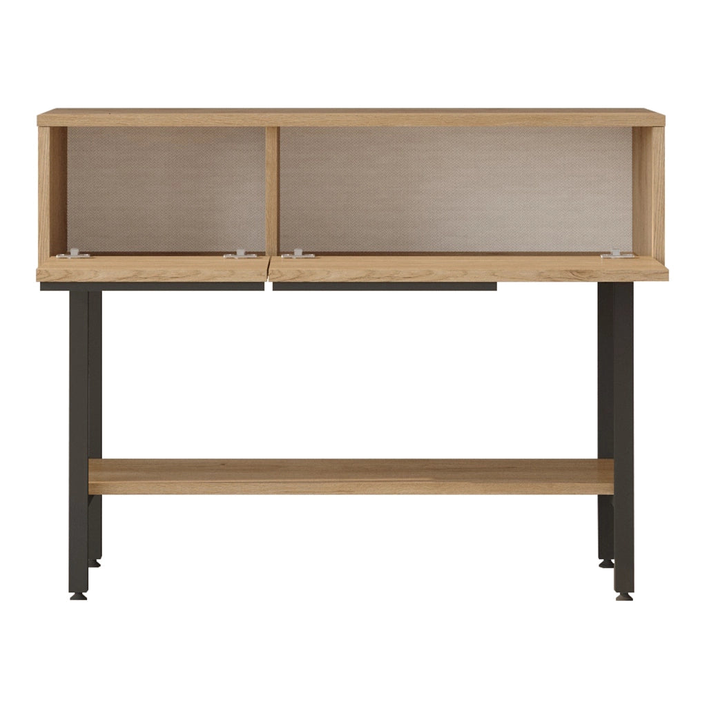 Tavolo Consolle Kvænangen con Scomparti Chiusi e Ripiano 100x30x76 cm Effetto Rovere / Rattan [en.casa]