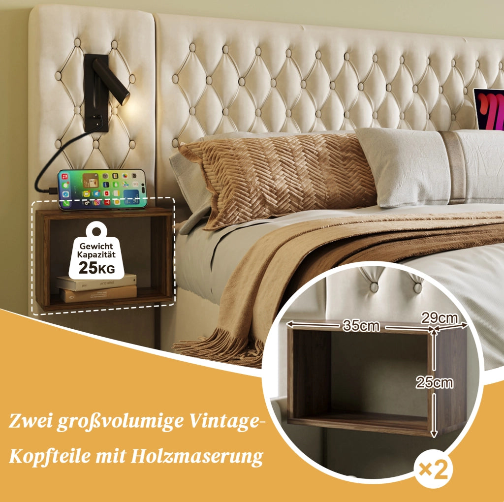 Letto matrimoniale 160x200 cm in velluto beige con 2 comodini; 4 cassetti; luci e USB/Type C