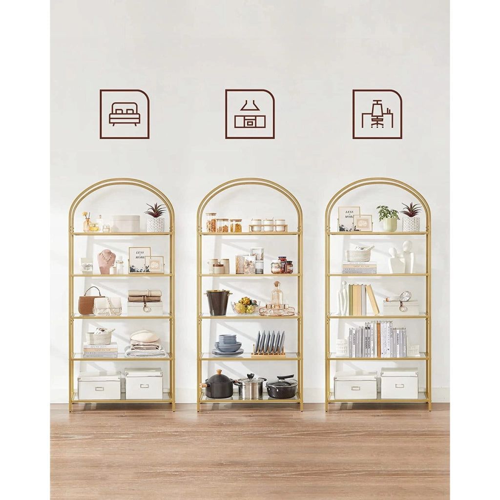 Libreria ad arco in vetro e metallo dorato con 5 ripiani