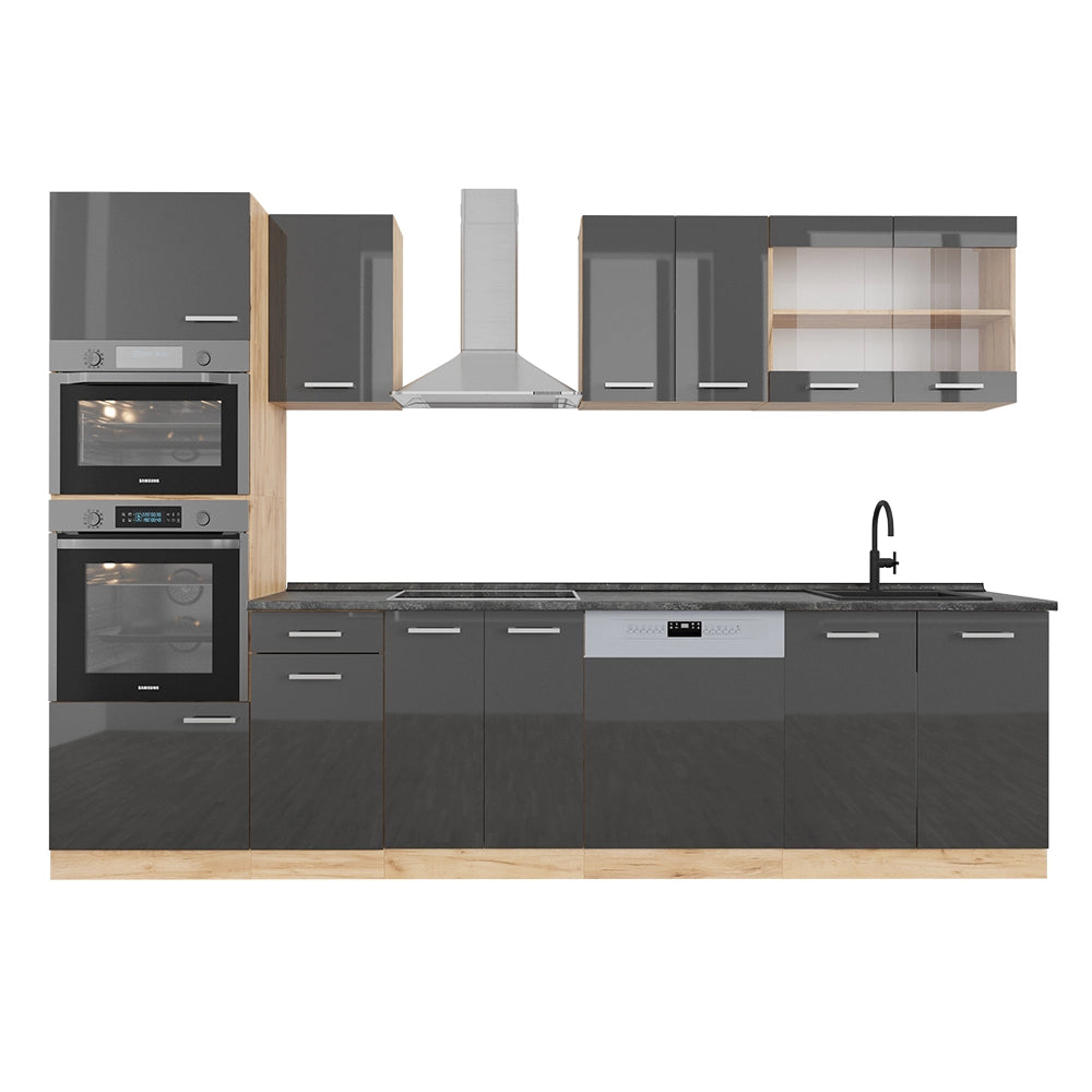 Cucina componibile R-Line Antracite lucido/Rovere dorato 300 cm con armadio alto, PL Antracite Vicco