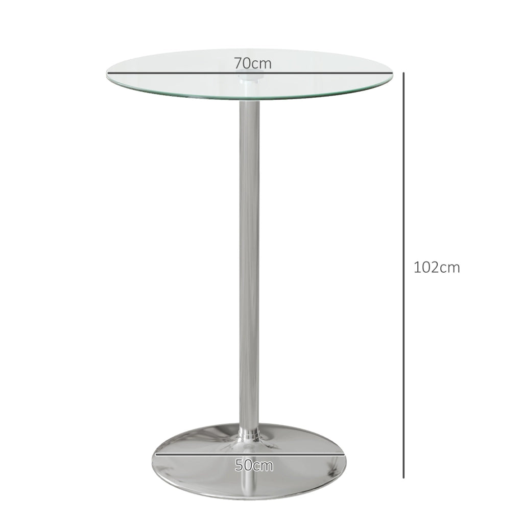 Tavolo Alto da Bar Moderno Rotondo con Base Ø70x102 cm in Acciaio e Piano in Vetro Trasparente