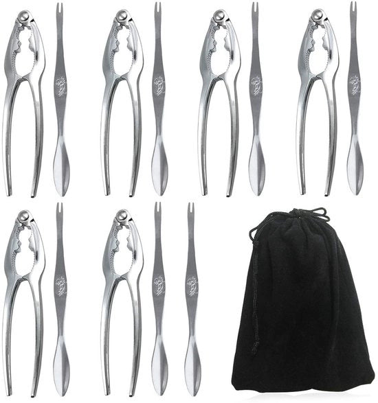 Kit di attrezzi per frutti di mare - 6x pinze per gamberi / cracker per gamberi - 7x forchette per frutti di mare - Acciaio inossidabile - Zinklegering - Borsa di stoccaggio - Kit per gamberi