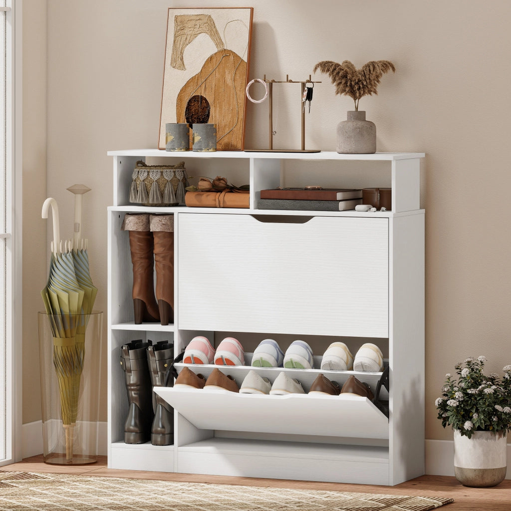 Scarpiera Slim 89x25x92 cm con Divisori Regolabili e Ripiani a Giorno in MDF Bianco