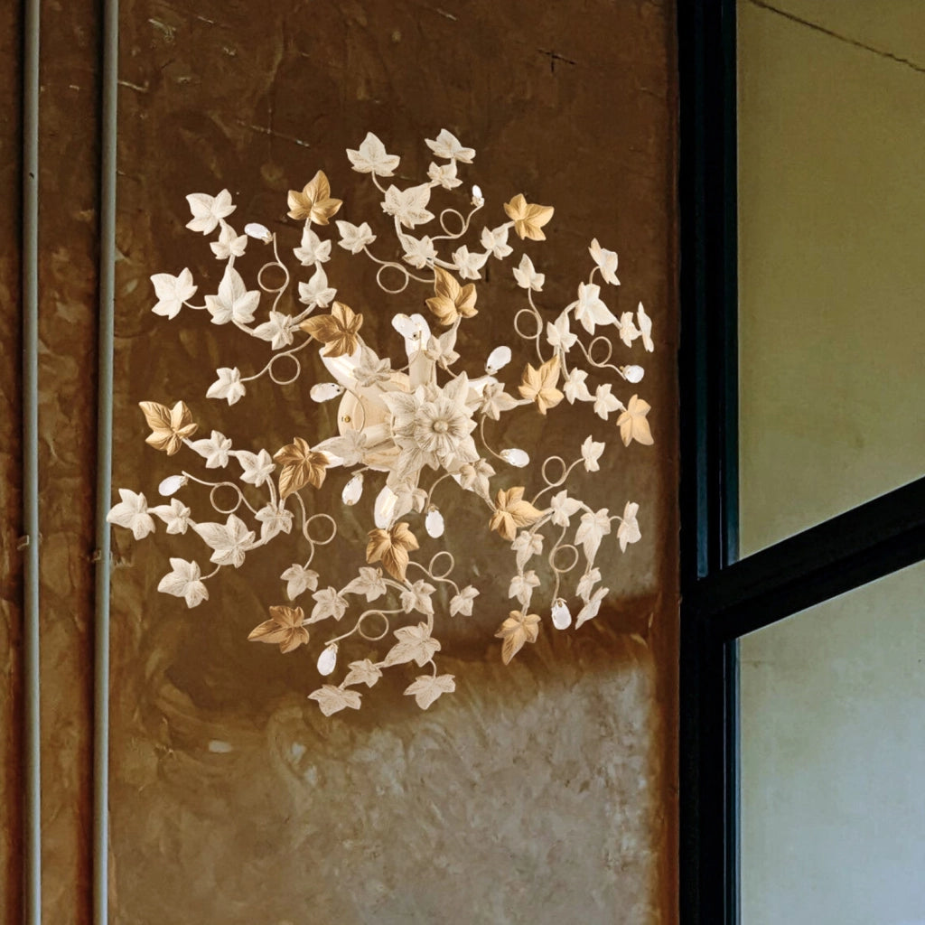 Plafoniera Shabby Edera 6 Luci Ferro Battuto Avorio Oro Con Foglie E Cristalli