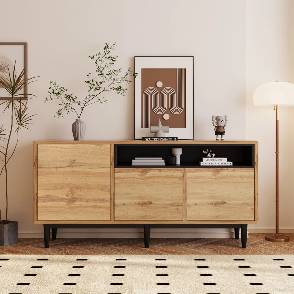 OKWISH Madia Contenitore con 3 Ante e Ripiani Regolabili, Stile Moderno, per Soggiorno, MDF, 160 x 35 x 76 cm