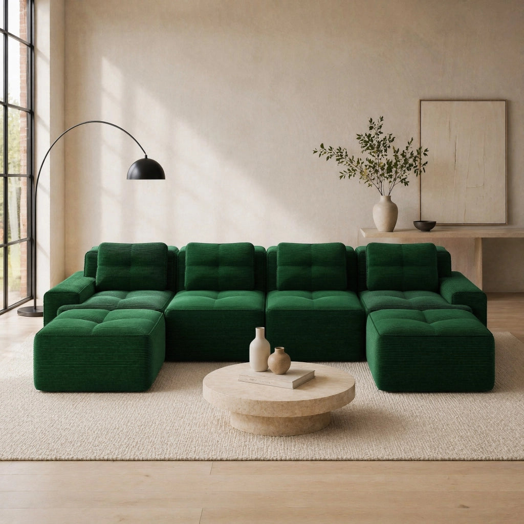 Divano modulare 4 posti con chaise longue a U 382x177x69 cm in velluto a coste verde