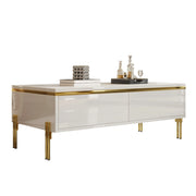 Tavolino da salotto con 2 Cassetti su due lati; finitura lucida; per soggiorno; in pannello truciolare; 100 × 50 × 36 cm; Bianco