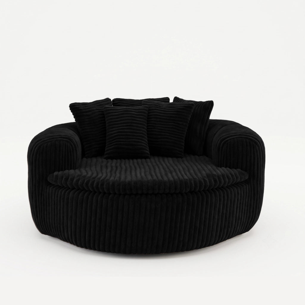 Poltrona lounge 145x133x59 cm con 5 cuscini in velluto a coste nero