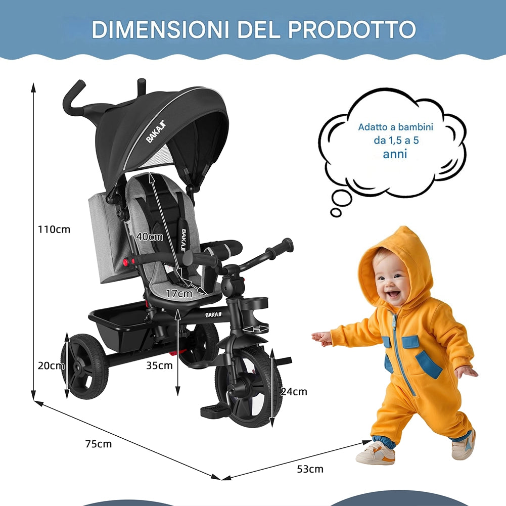 Triciclo Bambini 5in1 con Sedile Girevole 360°, Cappottina, Pedali e Maniglione Regolabile Nero