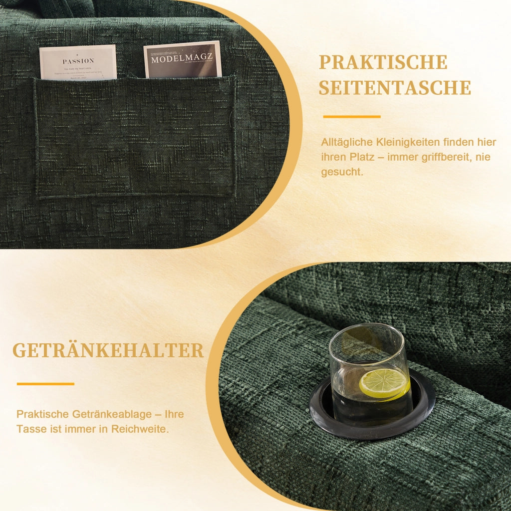 Divano modulare 3 posti con pouf tasche laterali e cuscini imbottitura in schiuma e molle insacchettate ciniglia verde