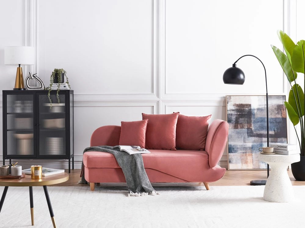 Chaise Longue in velluto grigio chiaro lato destro con contenitore stile moderno soggiorno