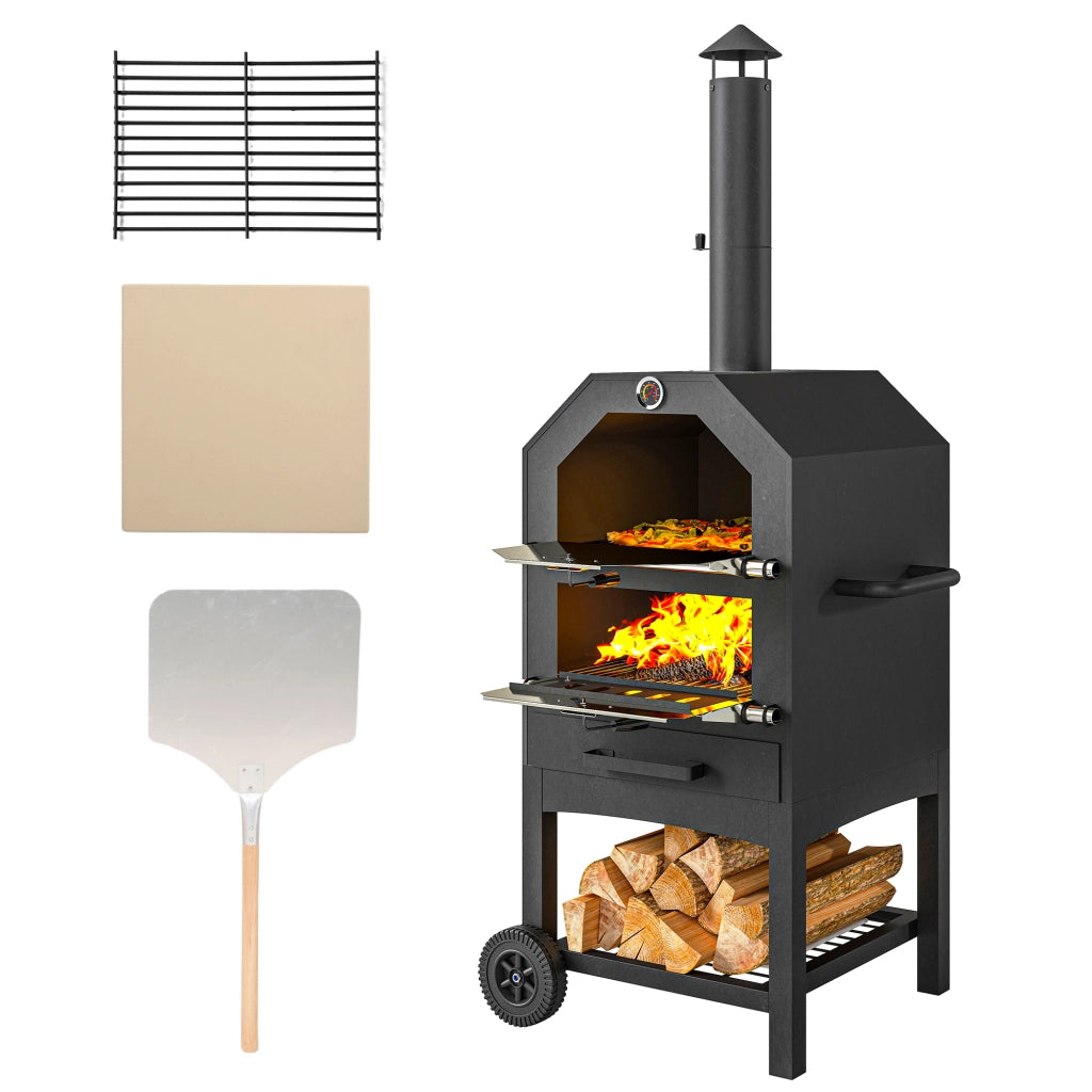 Forno Pizza 2 in 1 per Esterno ¨C zephmum ¨C Griglia, Piatto in Pietra, Nero, Acciaio Inox