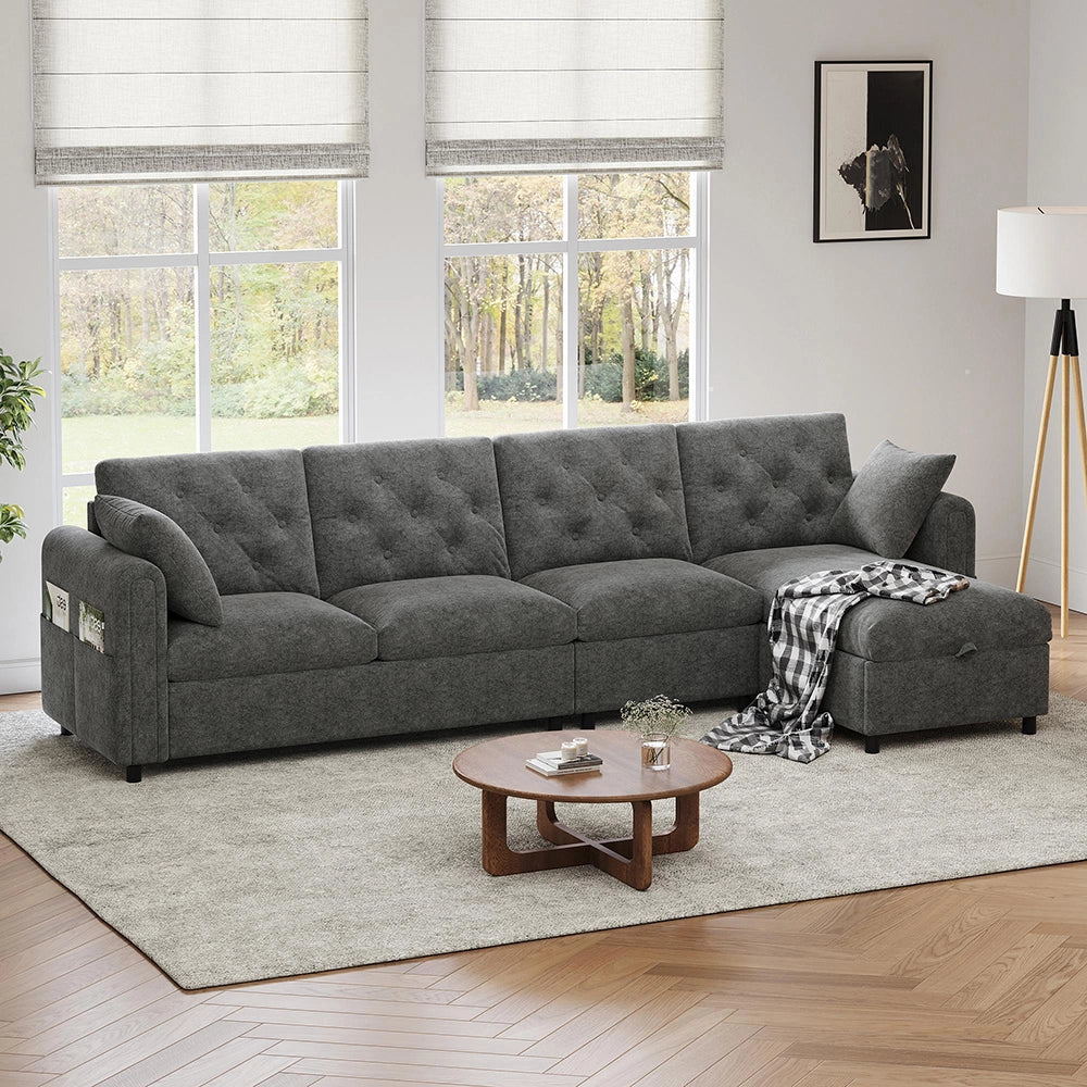 Divano moderno in velluto - Xylo - Angolare con ripostiglio, grigio (281cm)