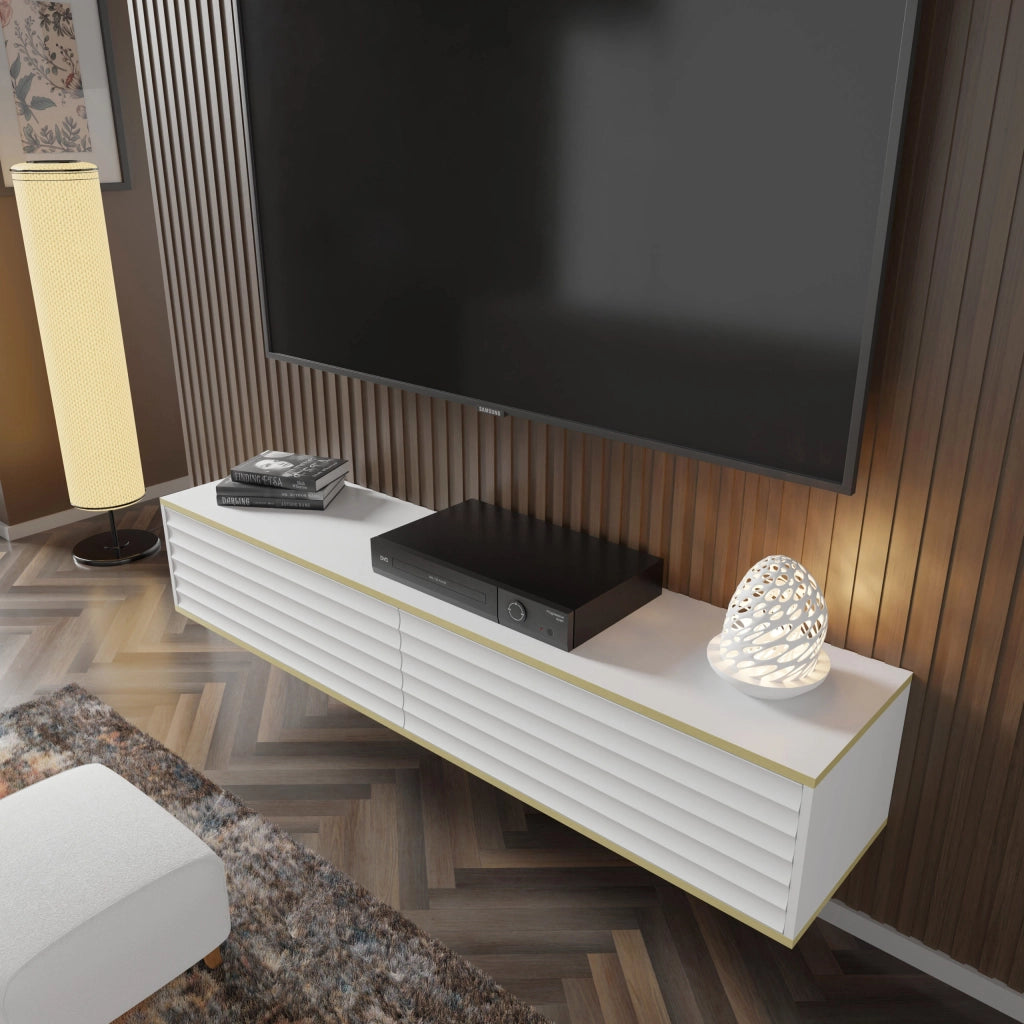 Mobile tv sospeso WABI cm 180x40x33h bianco opaco bordo oro