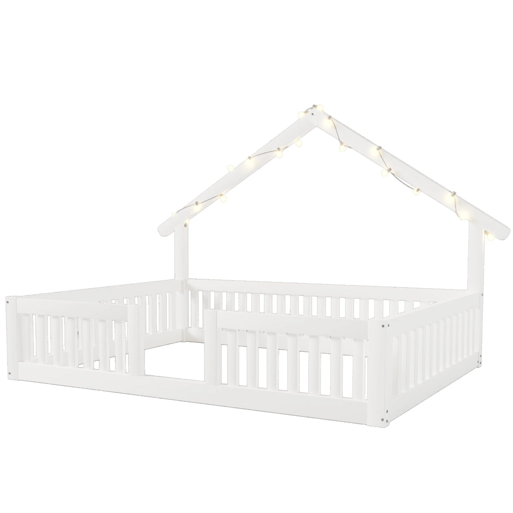 Letto casetta bianco 140x200 cm in legno con sponde di sicurezza e luci LED calde