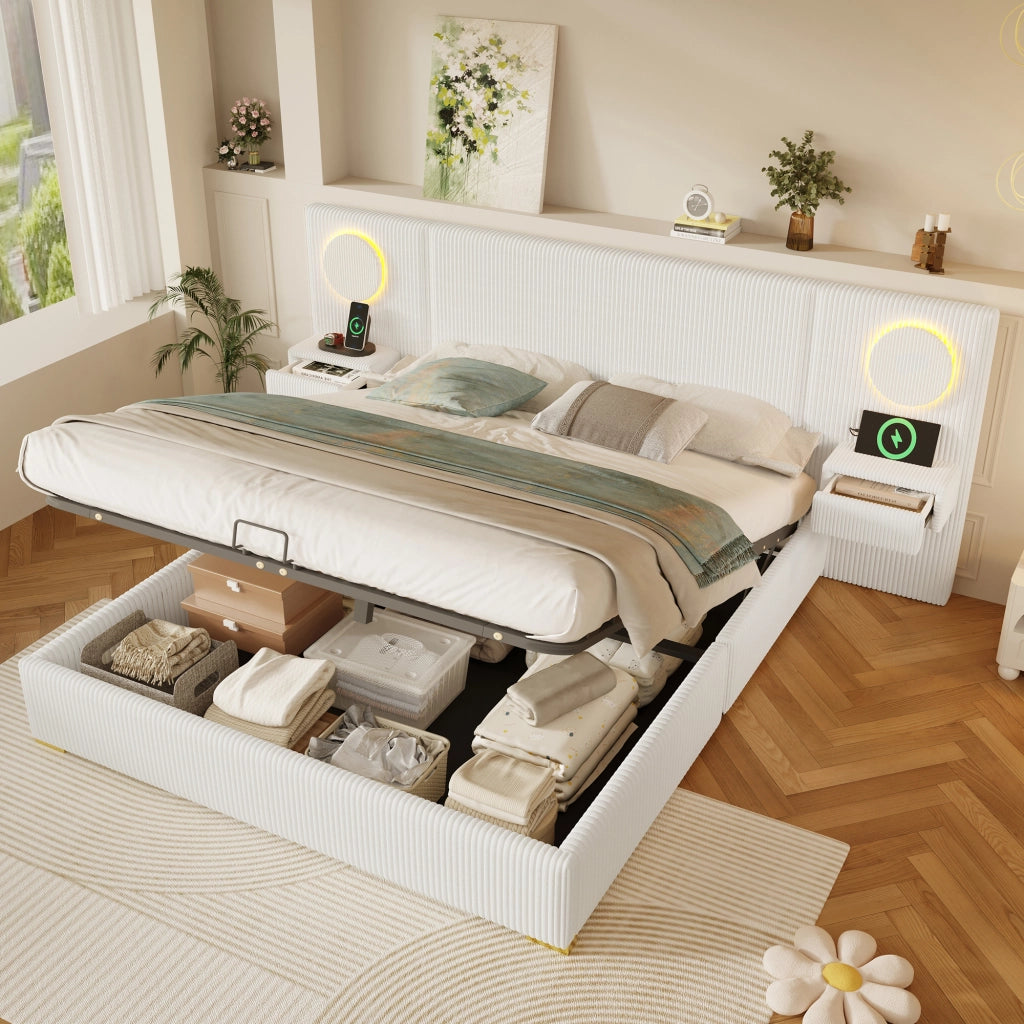Letto imbottito 180x200 cm con contenitore; LED e USB in velluto beige