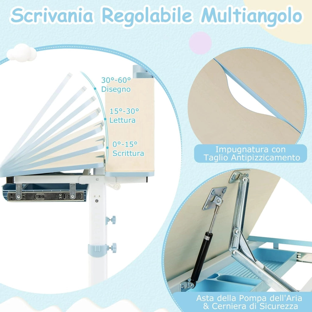 Scrivania per Bambini 3+ Anni Regolabile in Altezza 50-73 cm, Blu | Scrivania da Studio con Piano Inclinabile 60°, Scrittoio Cameretta con Scaffale, Cassetto, Portapenne e Righello