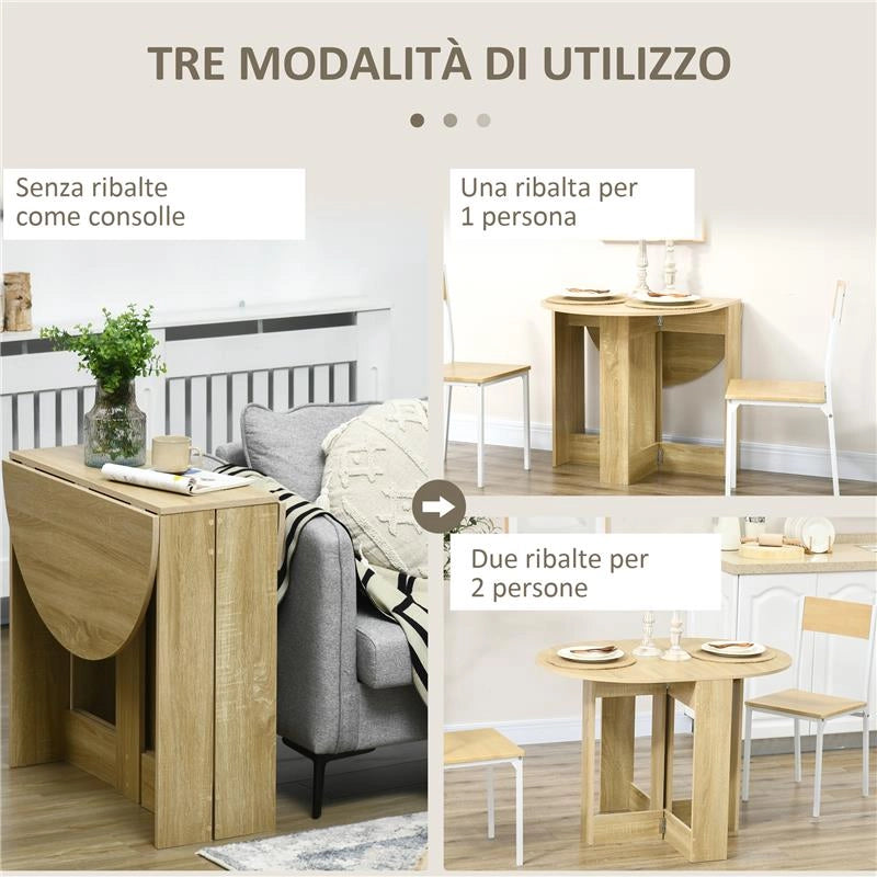 TAVOLO PIEGHEVOLE DA PRANZO A 2 RIBALTE, TAVOLO CONSOLLE IN LEGNO SALVASPAZIO, ROVERE