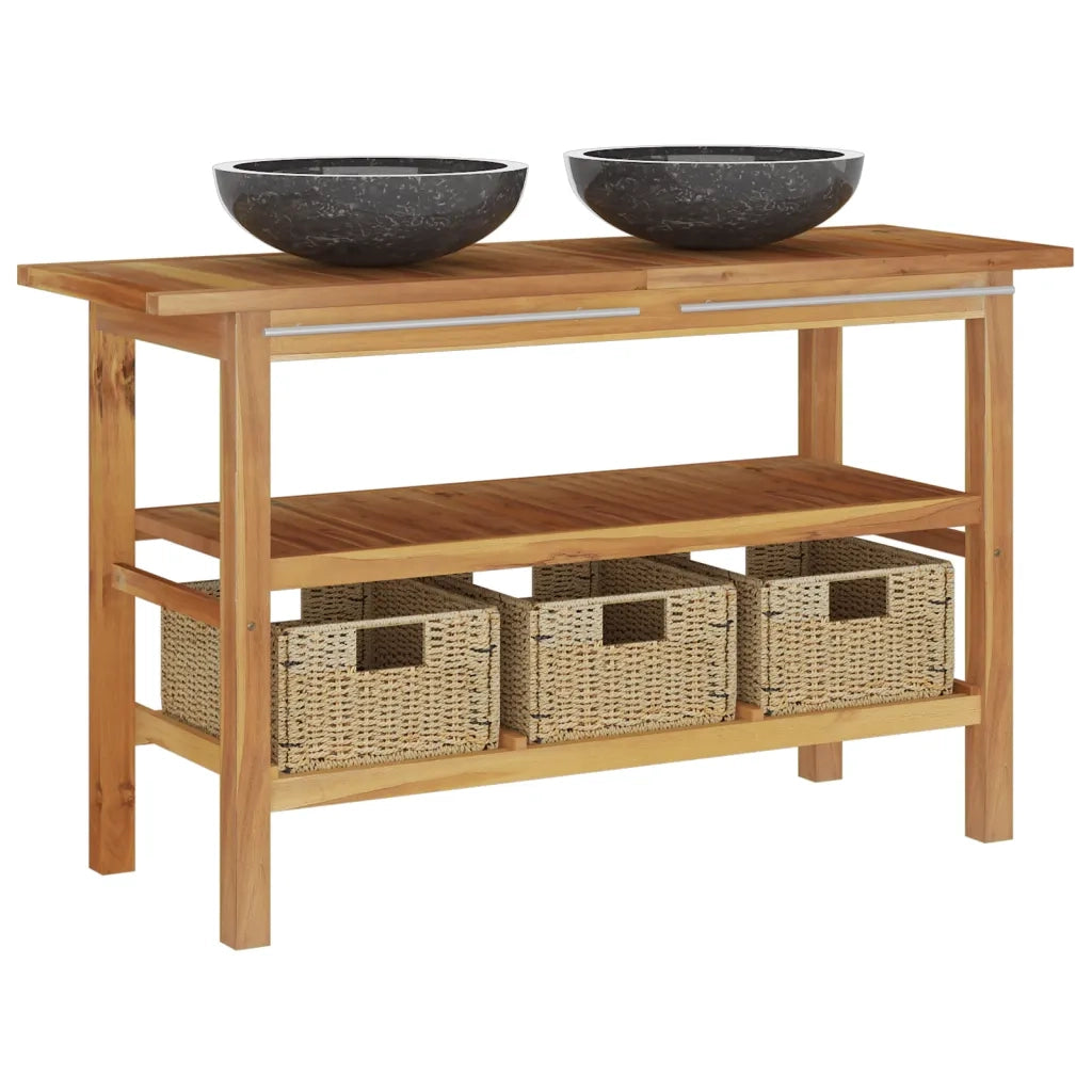 Mobile da Bagno con Lavabi in Marmo Nero Legno Massello Teak 3096586