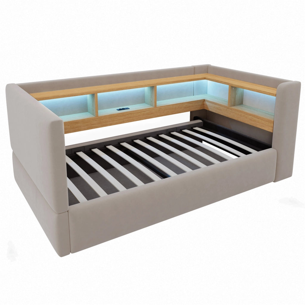 Divano letto imbottito 90x190 cm con vano contenitore idraulico, LED e prese, grigio scuro