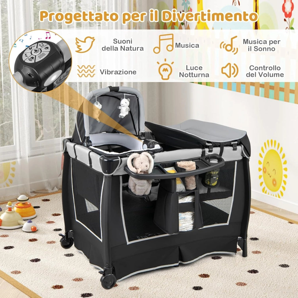 6 in 1 Lettino da Campeggio per Bambini, Culla Viaggio con Materasso, Fasciatoio e Giocattolo, Box Portatile Pieghevole, Ruote Bloccabili, per Banbini 0-3 Anni (Grigio, 105,5 x 73,5 x 77 cm)