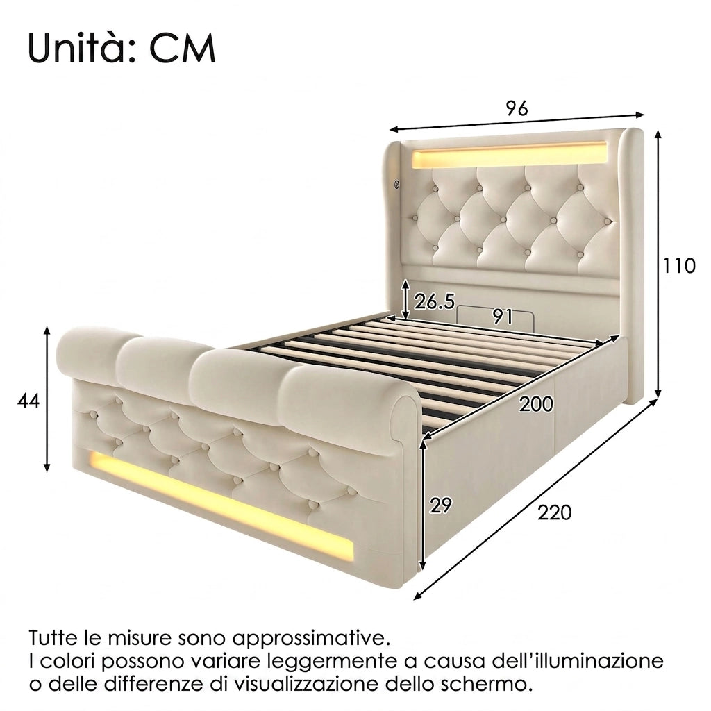 Letto singolo 90x200 contenitore idraulico con LED e prese USB; in velluto; beige