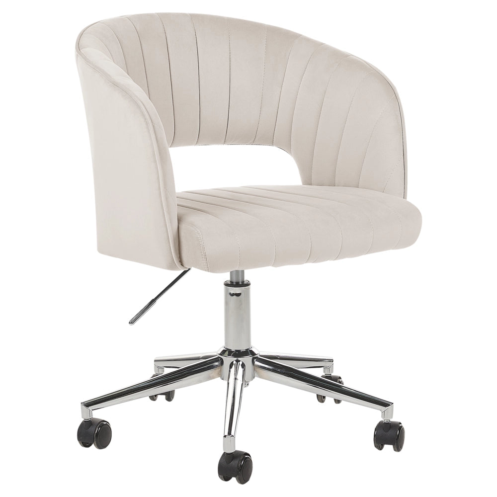 Sedia girevole da ufficio in velluto beige regolabile in altezza e con schienale imbottito