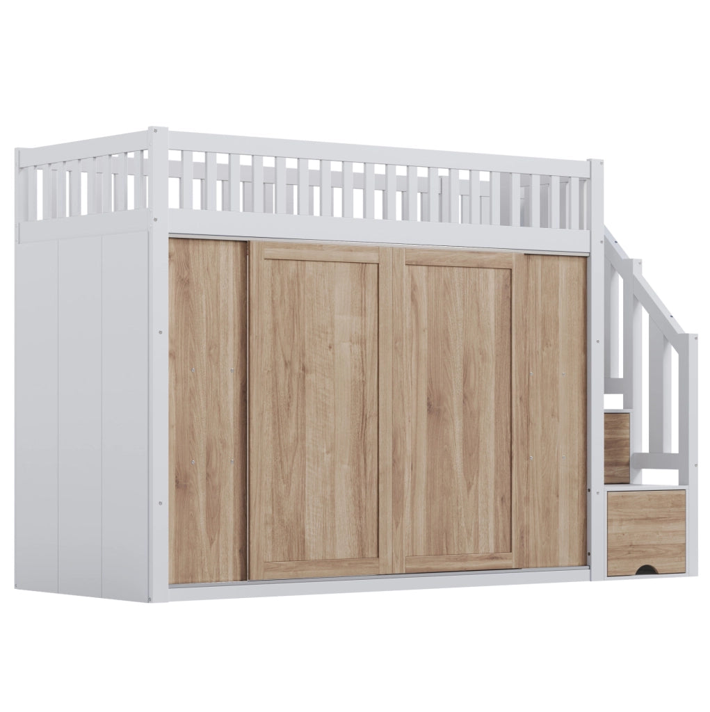 Letto a soppalco per bambini 90x200 cm con armadio e scala contenitore; LED controllabili da app; bianco e rovere