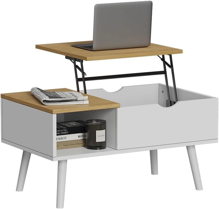 tavolino soggiorno Stora, Bianco/quercia, 76 x 45 cm con funzione di sollevamento, piano del tavolo regolabile in altezza e vano portaoggetti aperto