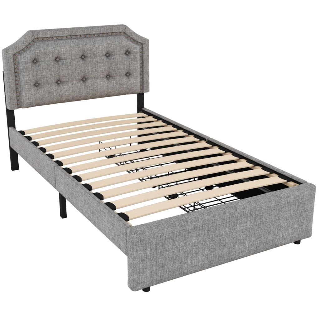 Letto imbottito 90x200 cm; con cassetti; MDF e lino; grigio