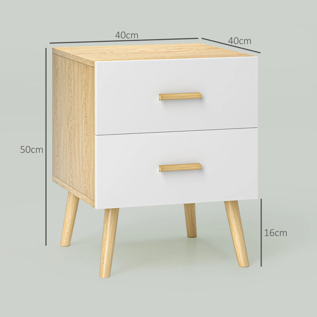 Comodino in Stile Scandinavo 40x40x50 cm con 2 Cassetti in Legno Bianco