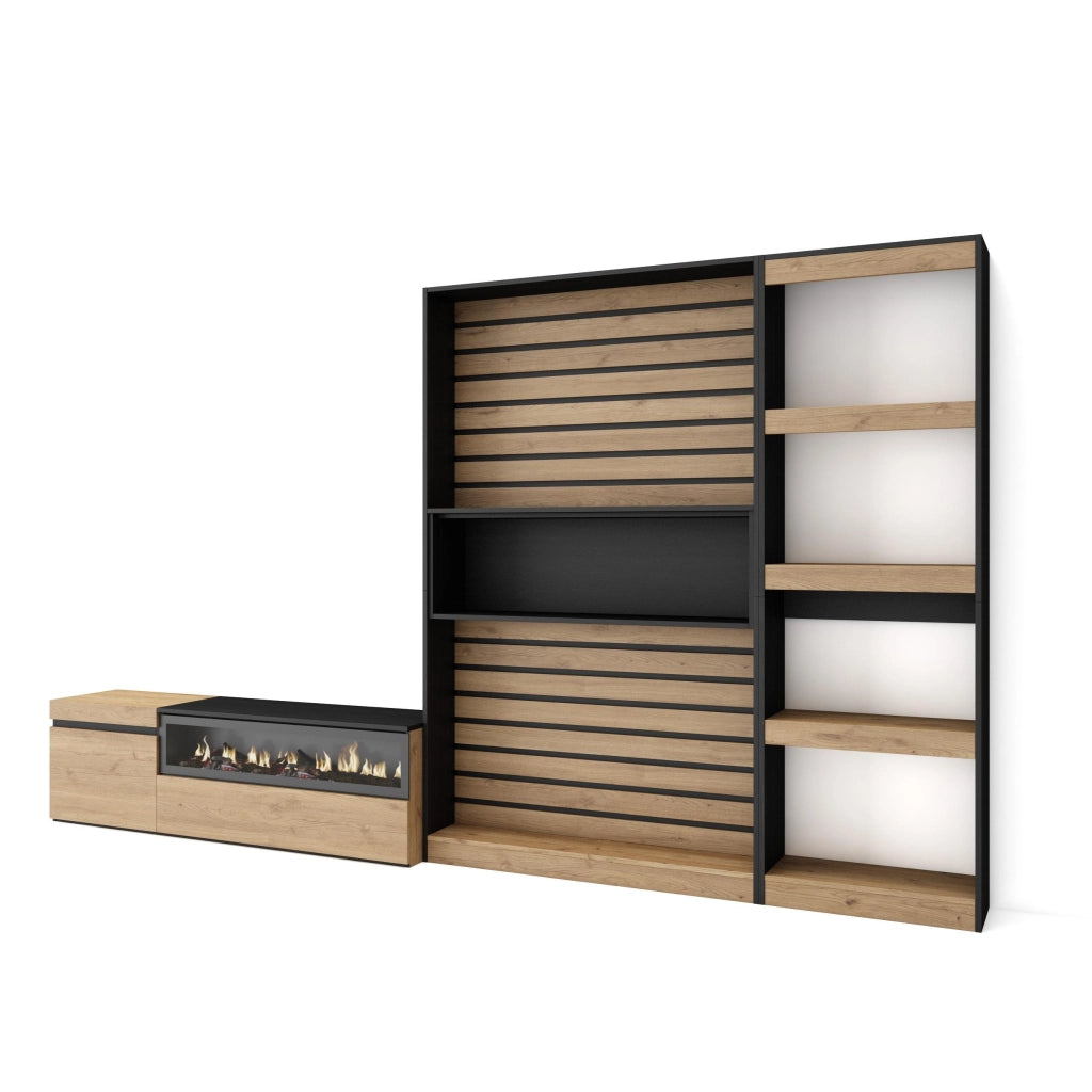Mobile TV, Soggiorno, 320x35x186cm, Camino elettrico, colore Rovere e nero RF2596