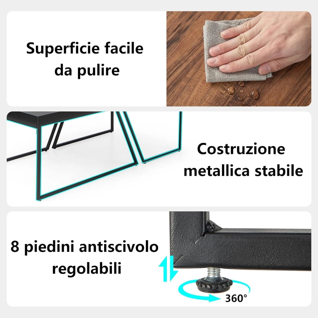 Tavolino Salotto con Gambe in Metallo Verniciato a Polvere, Tavolini da Divano Moderni e Impilabili, Tavolini Bassi da Divano per Soggiorno e Ufficio, Nero e Marrone