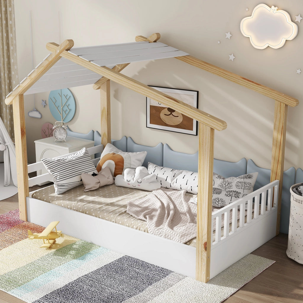 Letto Casetta 90x200 cm con Rete a Doghe - in Legno Massello e MDF - Bianco e Naturale