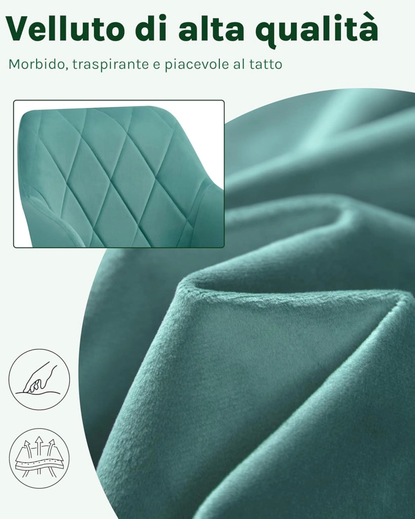 Set di 4 Sedie per Sala da Pranzo Imbottita, Poltroncina in Velluto,Sedia da Cucina con Braccioli e Schienale, Gambe in Metallo, Azzurro, BH352ts-4