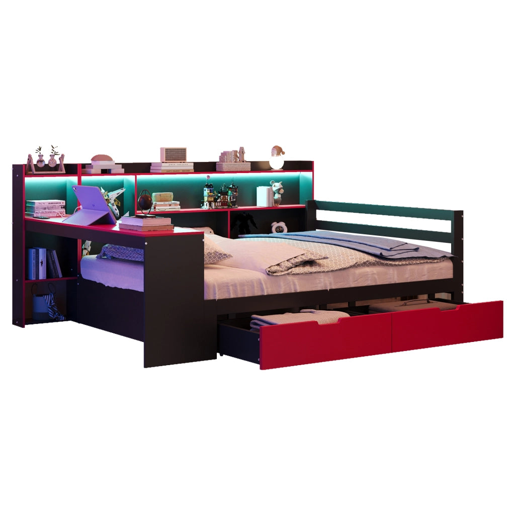 OKWISH Letto Combinato 140×200 cm, Letto Matrimoniale con Scrivania, Libreria, Mensole, LED, USB, 2 Cassetti, senza Materasso, Nero e Rosso