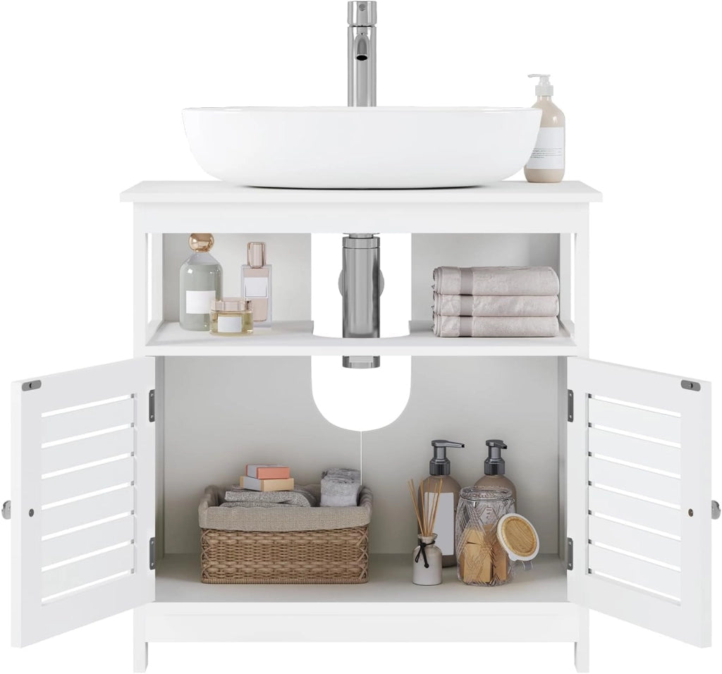 Armadietto Sottolavabo Bianco Mobiletto sotto Lavandino Sottolavello per Bagno con Due Ante in Legno